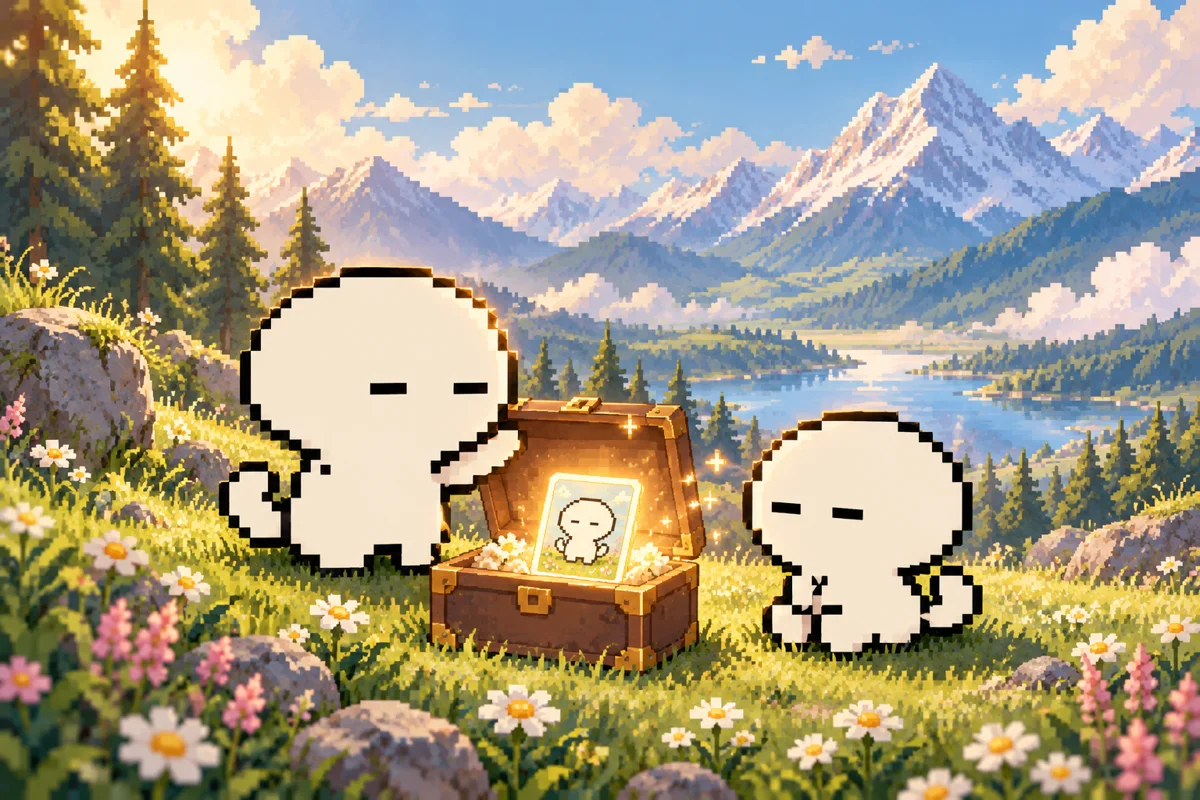 Two sleepy MOOLIs discovering a glowing MOOLI collectible in a keepsake box in the meadow.