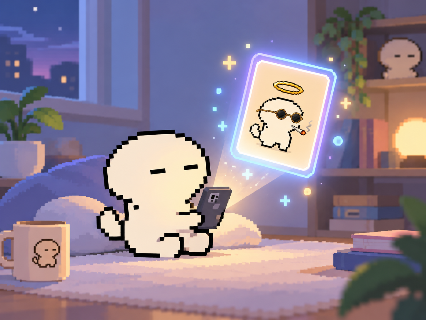 A little MOOLI holding a smartphone, looking curiously at a glowing digital collectible.